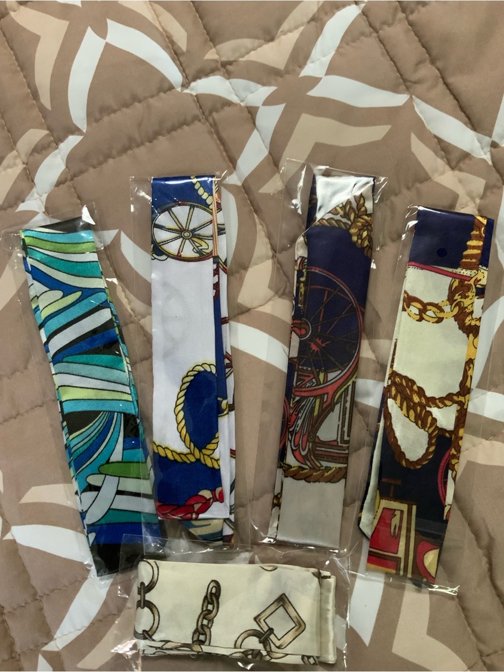 T-WILLIES Multi-Pattern Hair Scarves in Blue, Navy, Cream, Green and Tan
